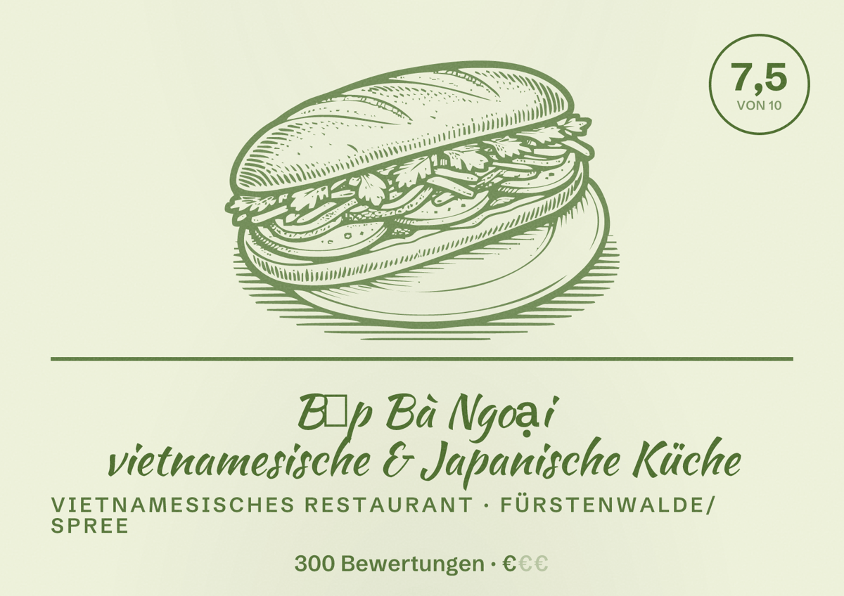 Illustriertes Poster von Bếp Bà Ngoại vietnamesische & Japanische Küche, Vietnamesisches Restaurant in Fürstenwalde/Spree: Bewertung 7,5 von 10 aus 300 Bewertungen, Preisniveau €