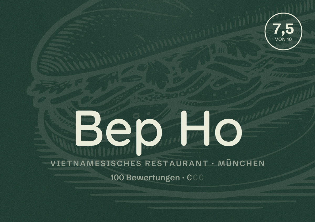 Illustriertes Poster von Bep Ho, Vietnamesisches Restaurant in München: Bewertung 7,5 von 10 aus 100 Bewertungen, Preisniveau €
