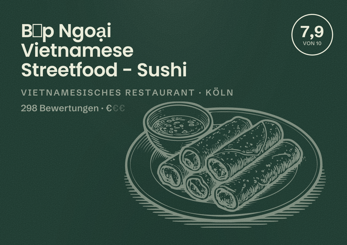 Illustriertes Poster von Bếp Ngoại Vietnamese Streetfood - Sushi, Vietnamesisches Restaurant in Köln: Bewertung 7,9 von 10 aus 298 Bewertungen, Preisniveau €