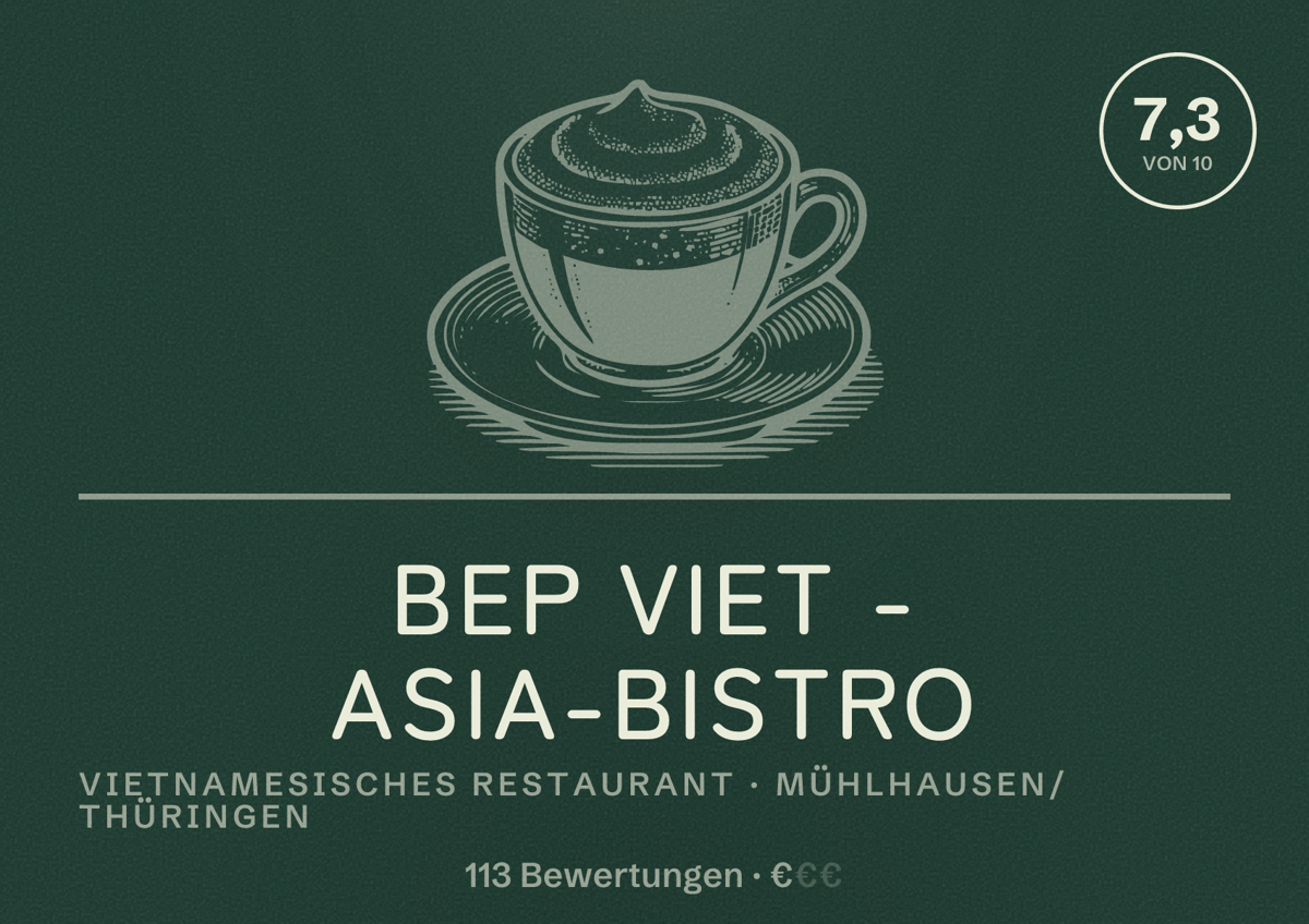 Illustriertes Poster von Bep Viet - Asia-Bistro, Vietnamesisches Restaurant in Mühlhausen/Thüringen: Bewertung 7,3 von 10 aus 113 Bewertungen, Preisniveau €