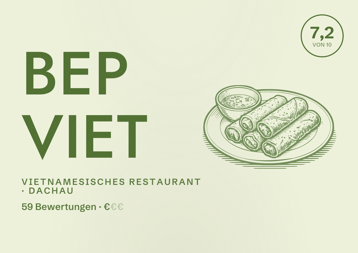 Illustriertes Poster von Bep viet, Vietnamesisches Restaurant in Dachau: Bewertung 7,2 von 10 aus 59 Bewertungen, Preisniveau €