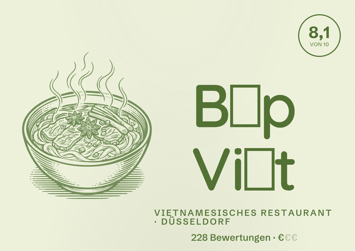 Illustriertes Poster von Bếp Việt, Vietnamesisches Restaurant in Düsseldorf: Bewertung 8,1 von 10 aus 228 Bewertungen, Preisniveau €