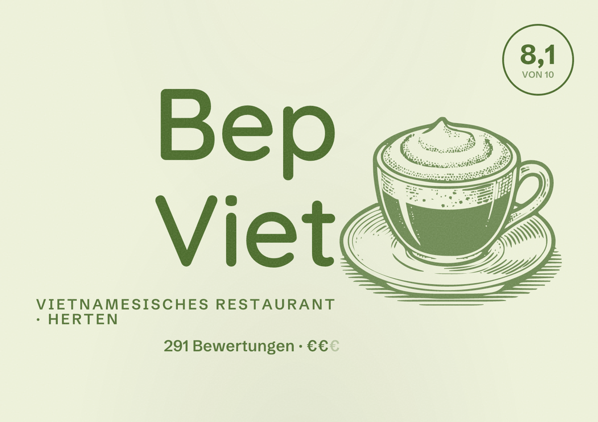 Illustriertes Poster von Bep Viet, Vietnamesisches Restaurant in Herten: Bewertung 8,1 von 10 aus 291 Bewertungen, Preisniveau €€