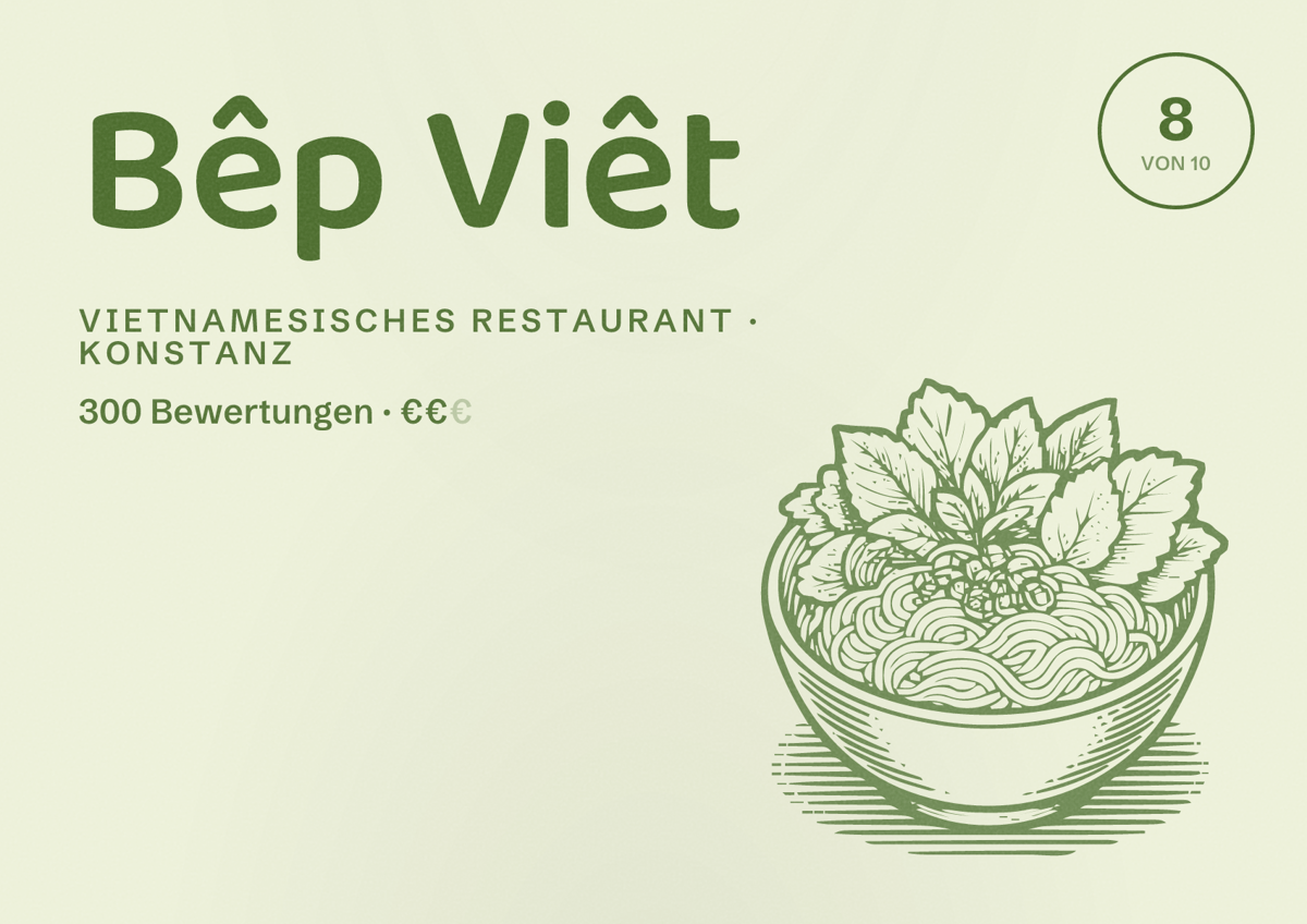 Illustriertes Poster von Bêp Viêt, Vietnamesisches Restaurant in Konstanz: Bewertung 8 von 10 aus 300 Bewertungen, Preisniveau €€