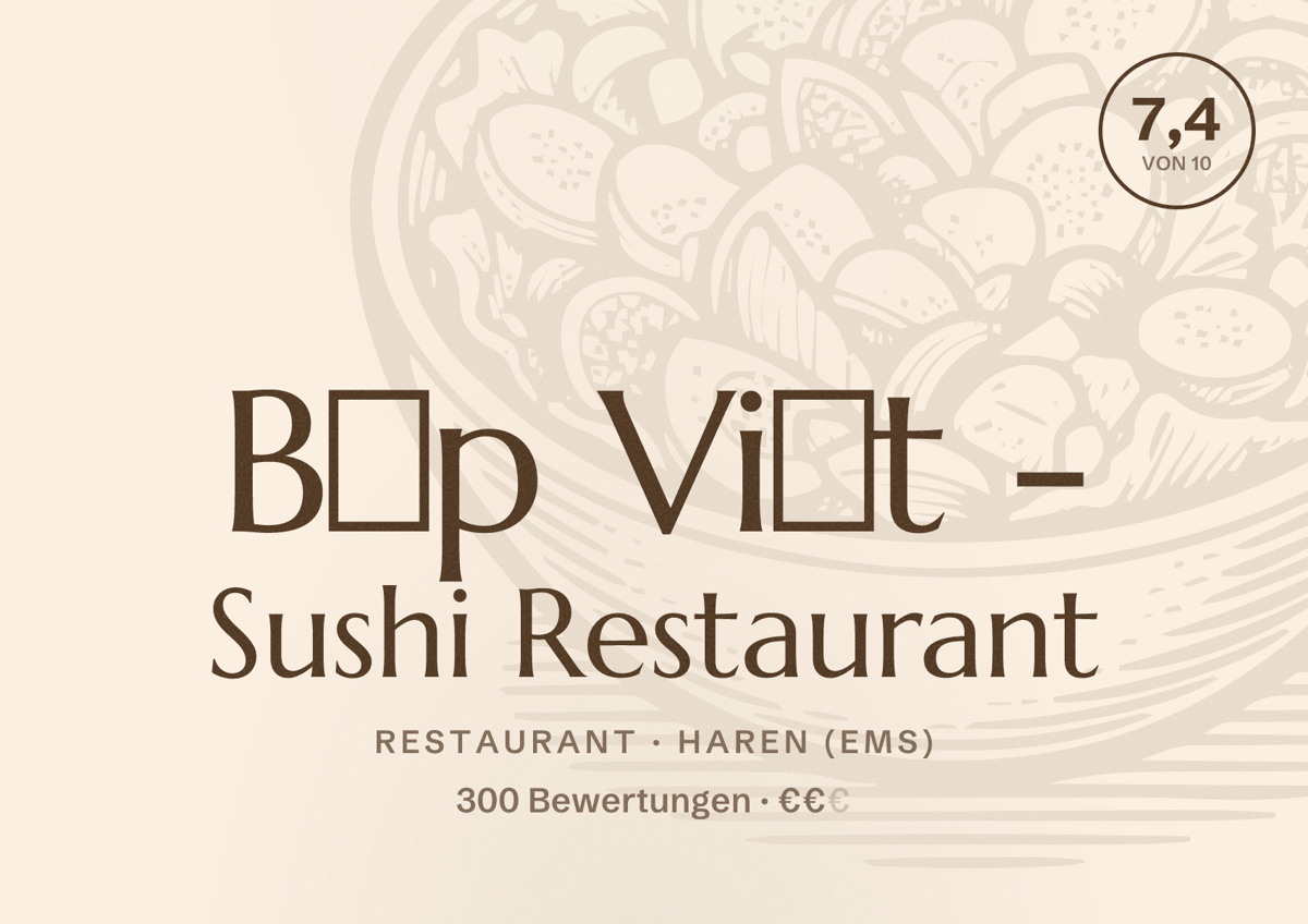 Illustriertes Poster von Bếp Việt - Sushi Restaurant, Restaurant in Haren (Ems): Bewertung 7,4 von 10 aus 300 Bewertungen, Preisniveau €€