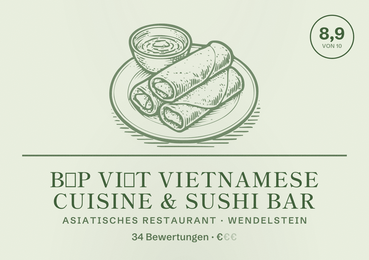 Illustriertes Poster von Bếp Việt Vietnamese Cuisine & Sushi Bar, Asiatisches Restaurant in Wendelstein: Bewertung 8,9 von 10 aus 34 Bewertungen, Preisniveau €