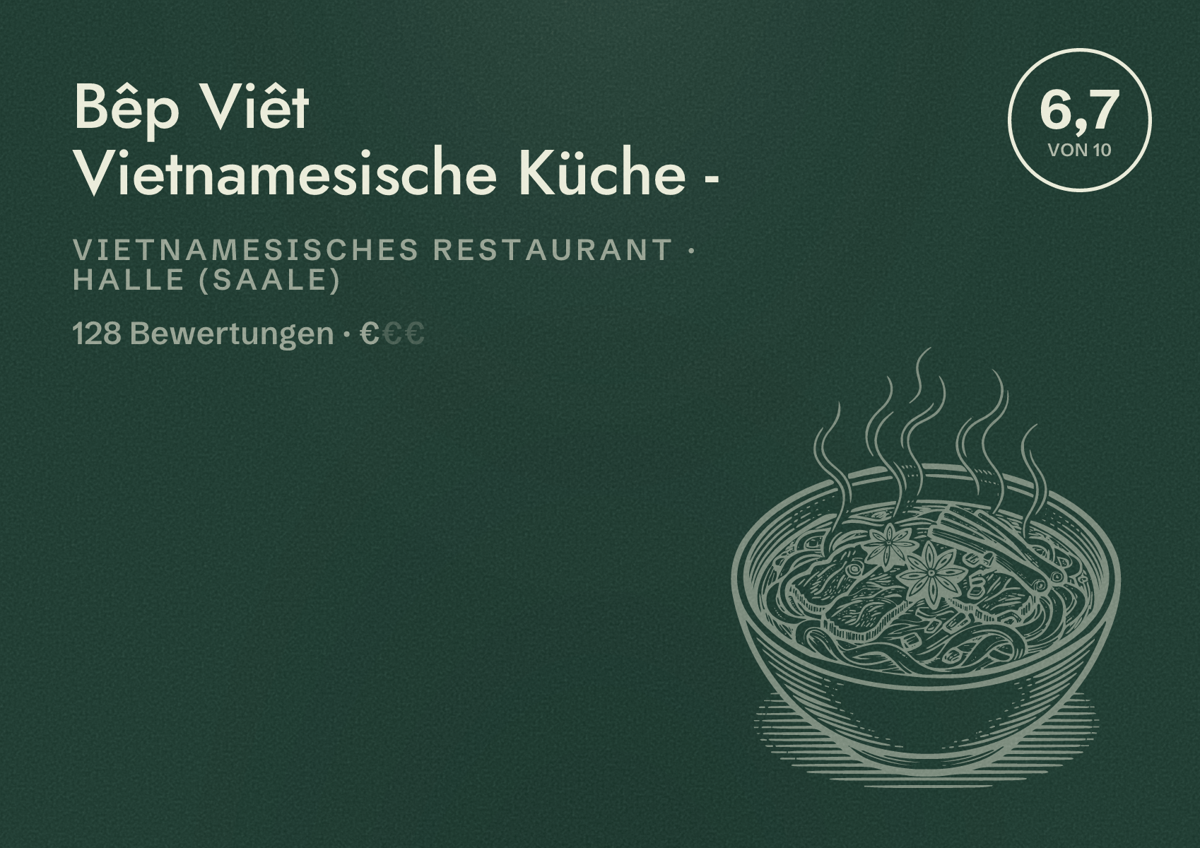 Illustriertes Poster von Bêp Viêt Vietnamesische Küche -, Vietnamesisches Restaurant in Halle (Saale): Bewertung 6,7 von 10 aus 128 Bewertungen, Preisniveau €