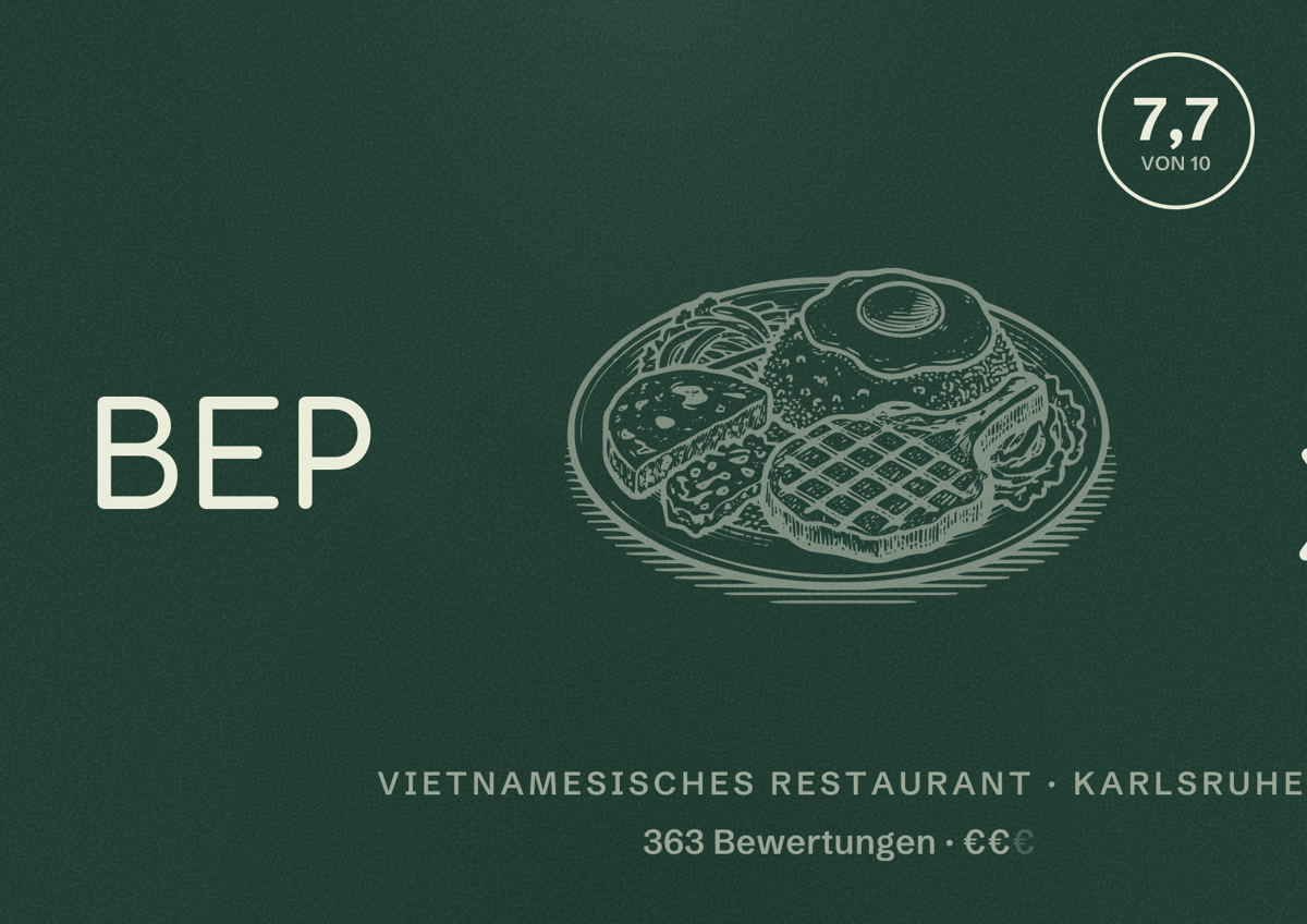 Illustriertes Poster von BEP XUA, Vietnamesisches Restaurant in Karlsruhe: Bewertung 7,7 von 10 aus 363 Bewertungen, Preisniveau €€
