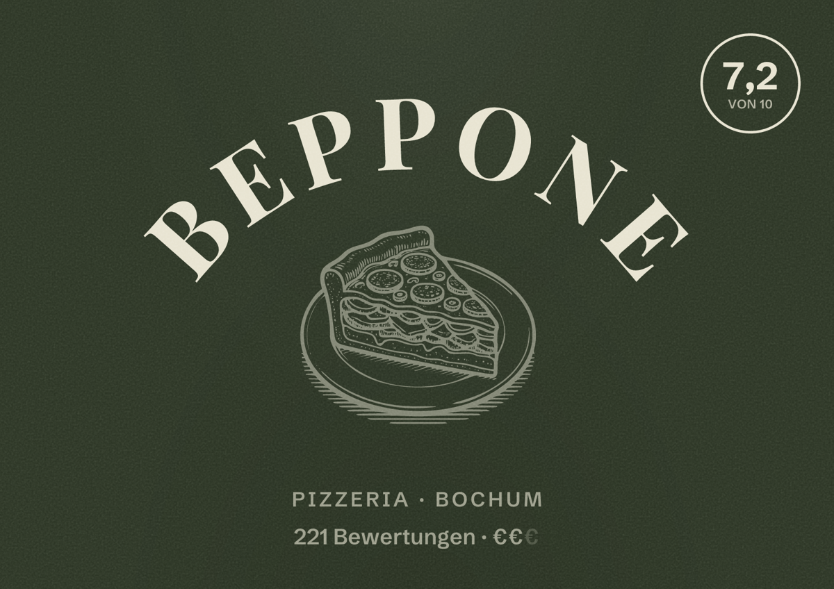 Illustriertes Poster von Beppone, Pizzeria in Bochum: Gästebewertung 7,2 von 10 aus 221 Bewertungen