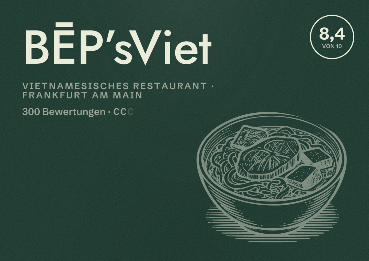 Illustriertes Poster von BĒP’sViet, Vietnamesisches Restaurant in Frankfurt am Main: Bewertung 8,4 von 10 aus 300 Bewertungen, Preisniveau €€