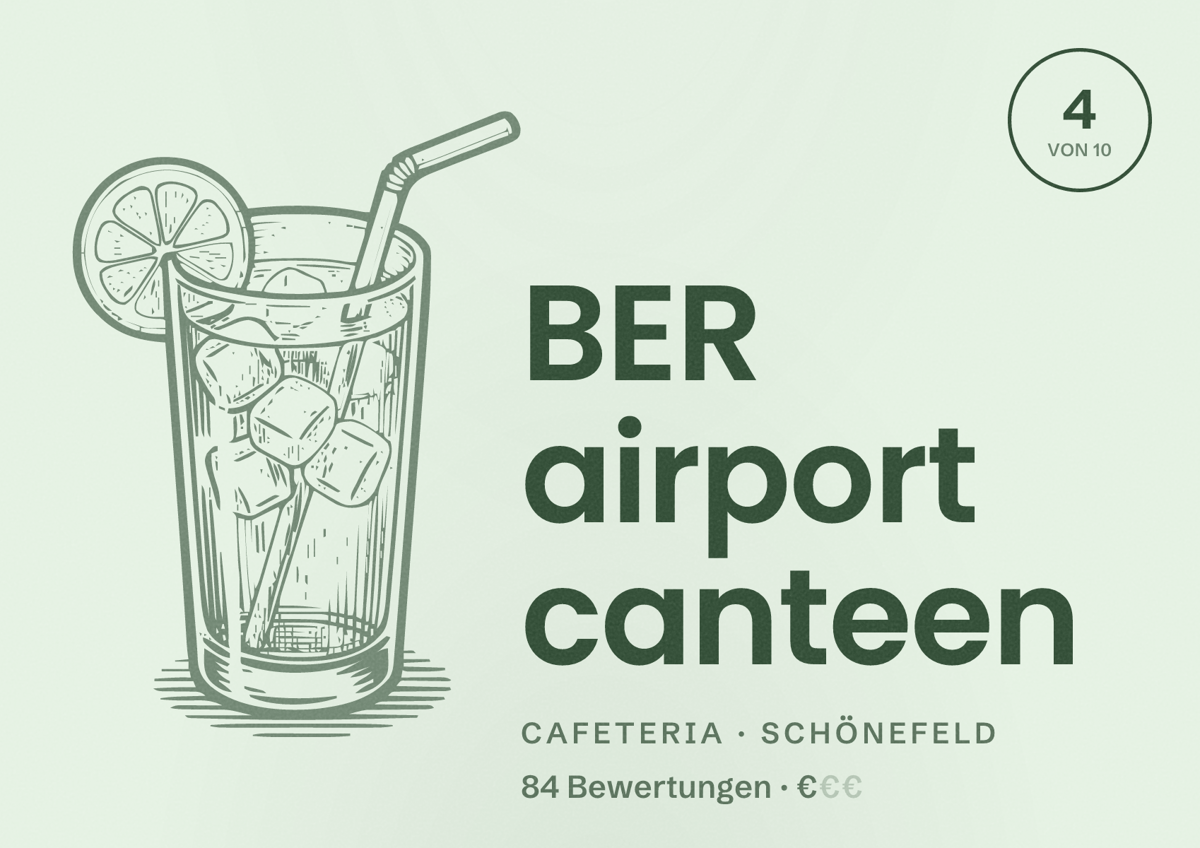 Illustriertes Poster von BER airport canteen, Cafeteria in Schönefeld: Bewertung 4 von 10 aus 84 Bewertungen, Preisniveau €