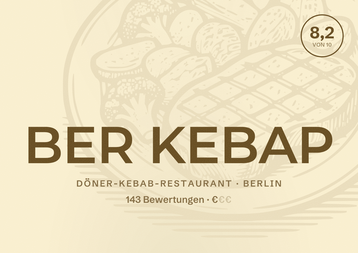 Illustriertes Poster von BER KEBAP, Döner-Kebab-Restaurant in Berlin: Bewertung 8,2 von 10 aus 143 Bewertungen, Preisniveau €