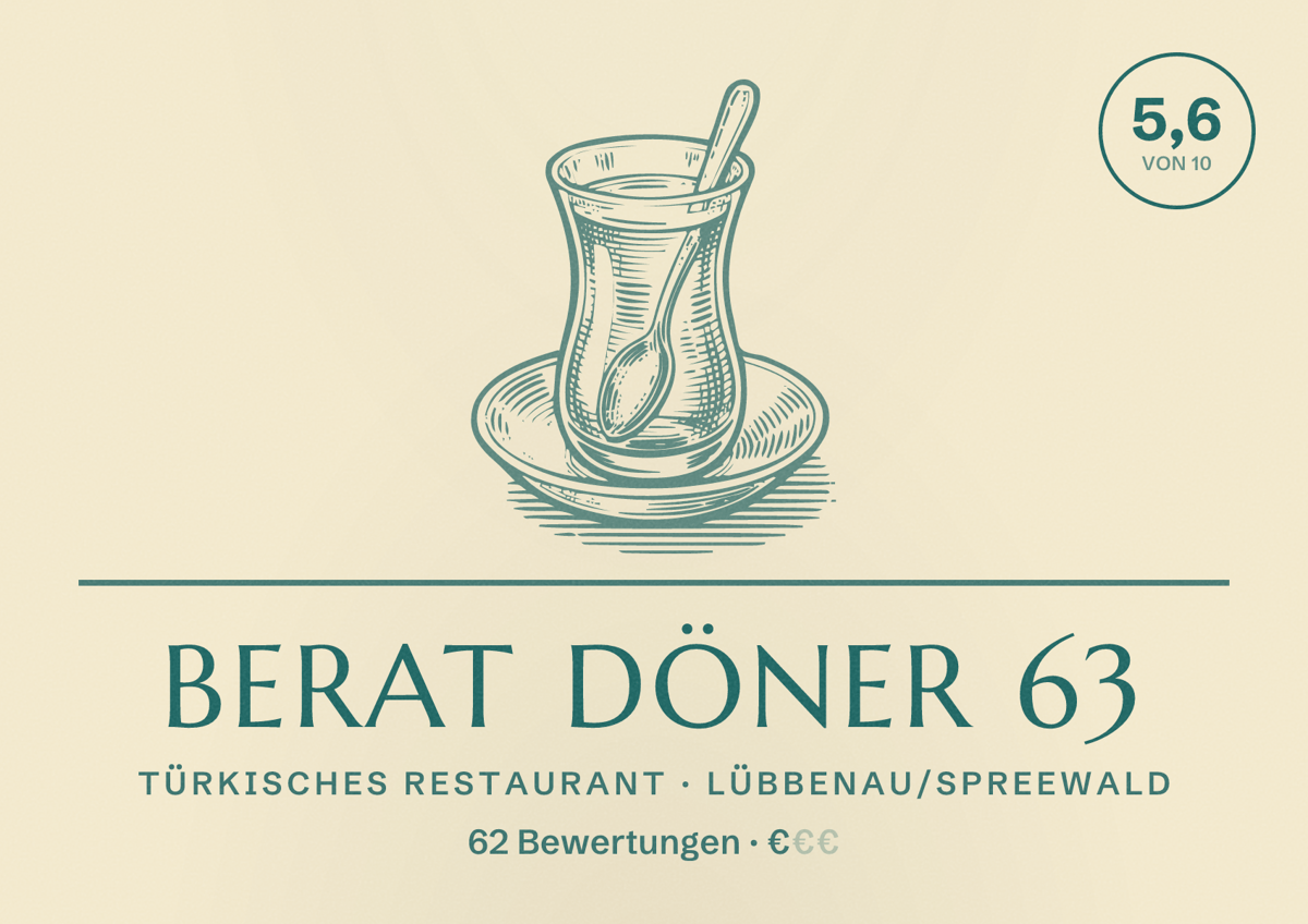Illustriertes Poster von BERAT DÖNER 63, Türkisches Restaurant in Lübbenau/Spreewald: Bewertung 5,6 von 10 aus 62 Bewertungen, Preisniveau €