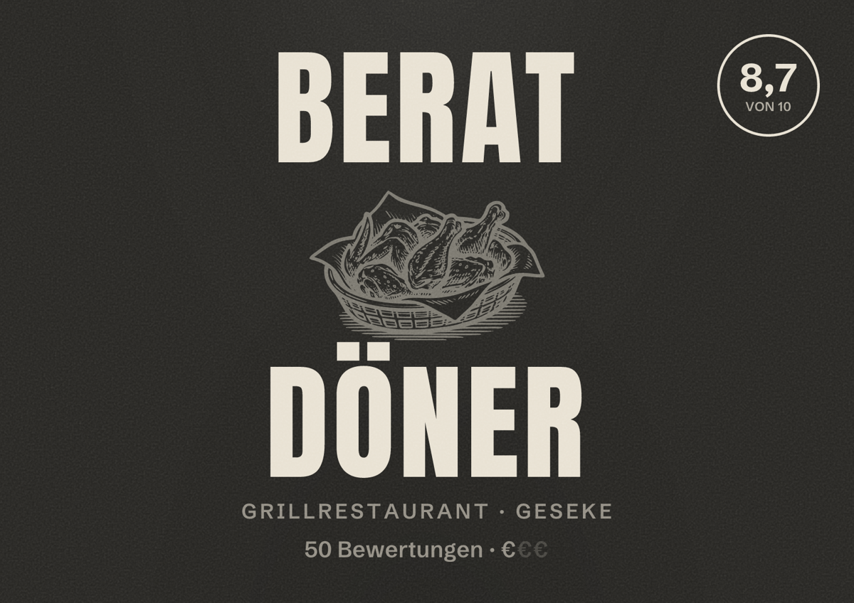 Illustriertes Poster von Berat Döner, Grillrestaurant in Geseke: Bewertung 8,7 von 10 aus 50 Bewertungen, Preisniveau €