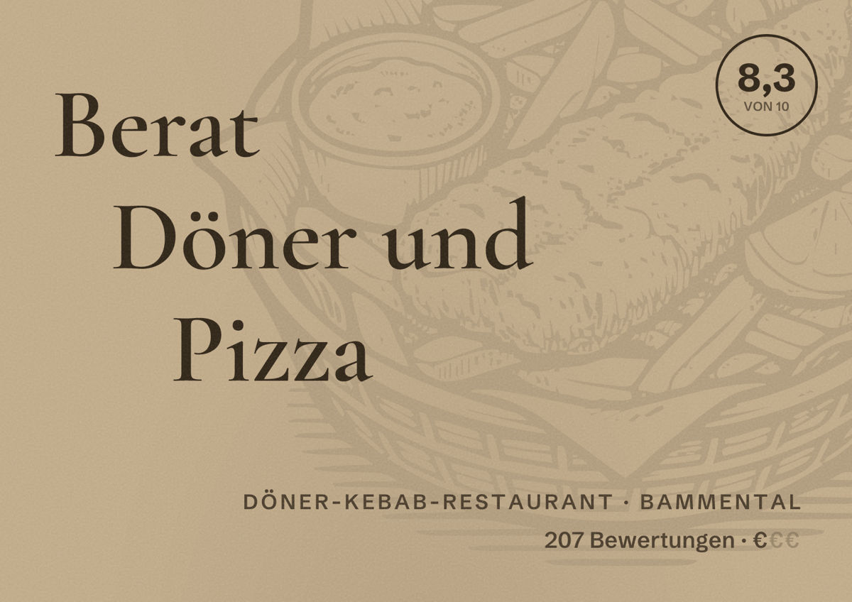 Illustriertes Poster von Berat Döner und Pizza, Döner-Kebab-Restaurant in Bammental: Bewertung 8,3 von 10 aus 207 Bewertungen, Preisniveau €