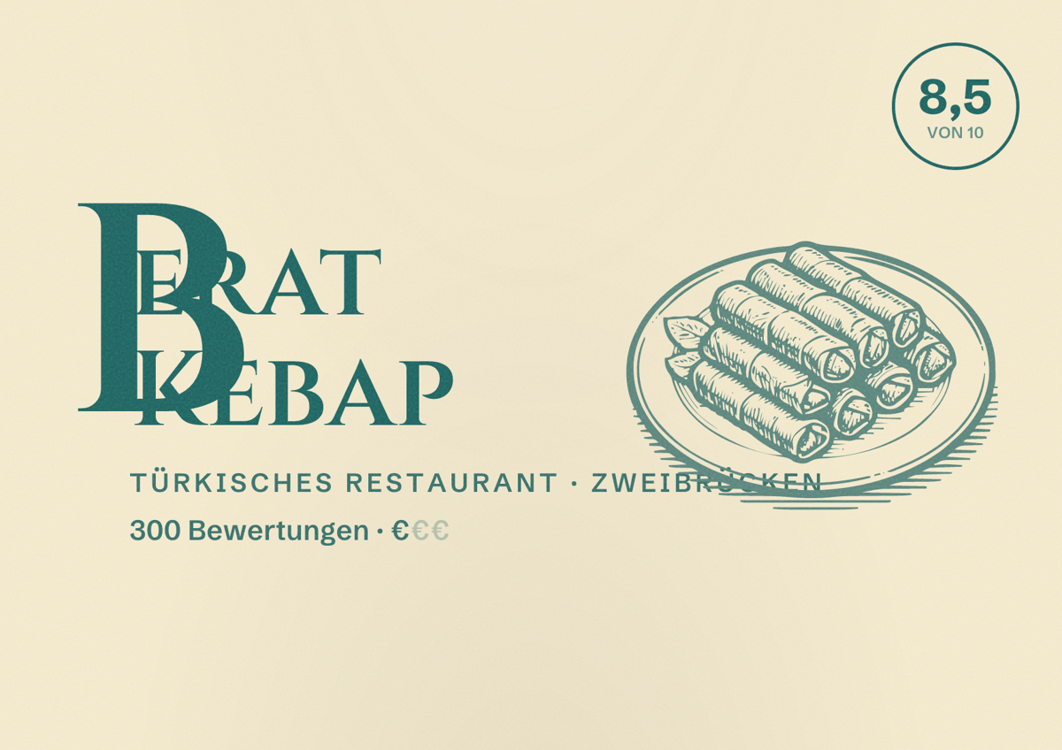 Illustriertes Poster von Berat Kebap, Türkisches Restaurant in Zweibrücken: Bewertung 8,5 von 10 aus 300 Bewertungen, Preisniveau €