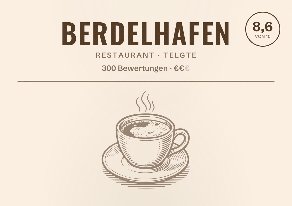 Illustriertes Poster von Berdelhafen, Restaurant in Telgte: Bewertung 8,6 von 10 aus 300 Bewertungen, Preisniveau €€