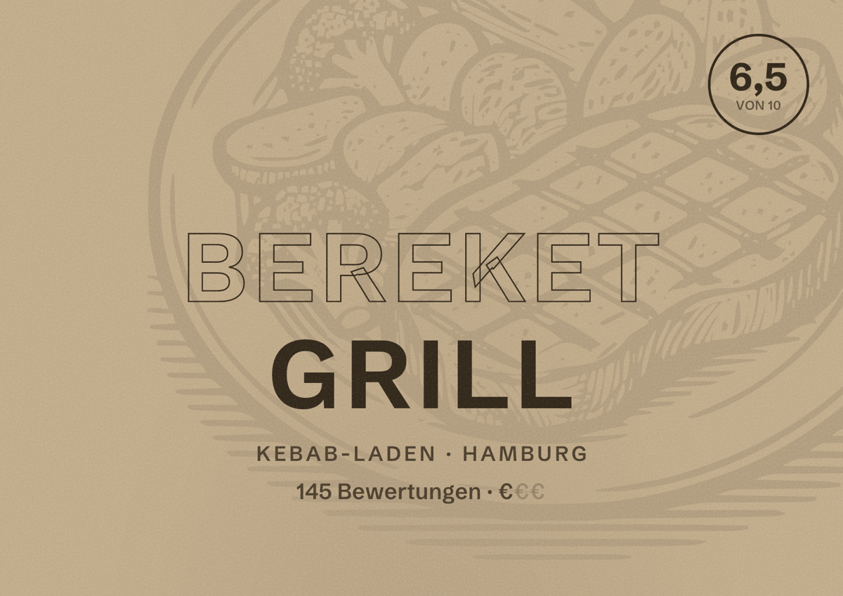 Illustriertes Poster von Bereket Grill, Kebab-Laden in Hamburg: Bewertung 6,5 von 10 aus 145 Bewertungen, Preisniveau €