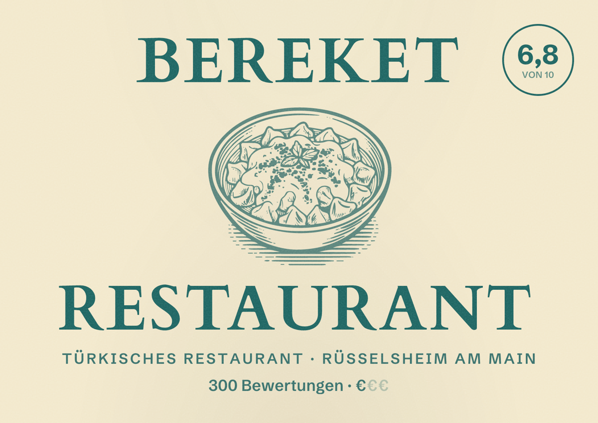 Illustriertes Poster von Bereket Restaurant, Türkisches Restaurant in Rüsselsheim am Main: Bewertung 6,8 von 10 aus 300 Bewertungen, Preisniveau €
