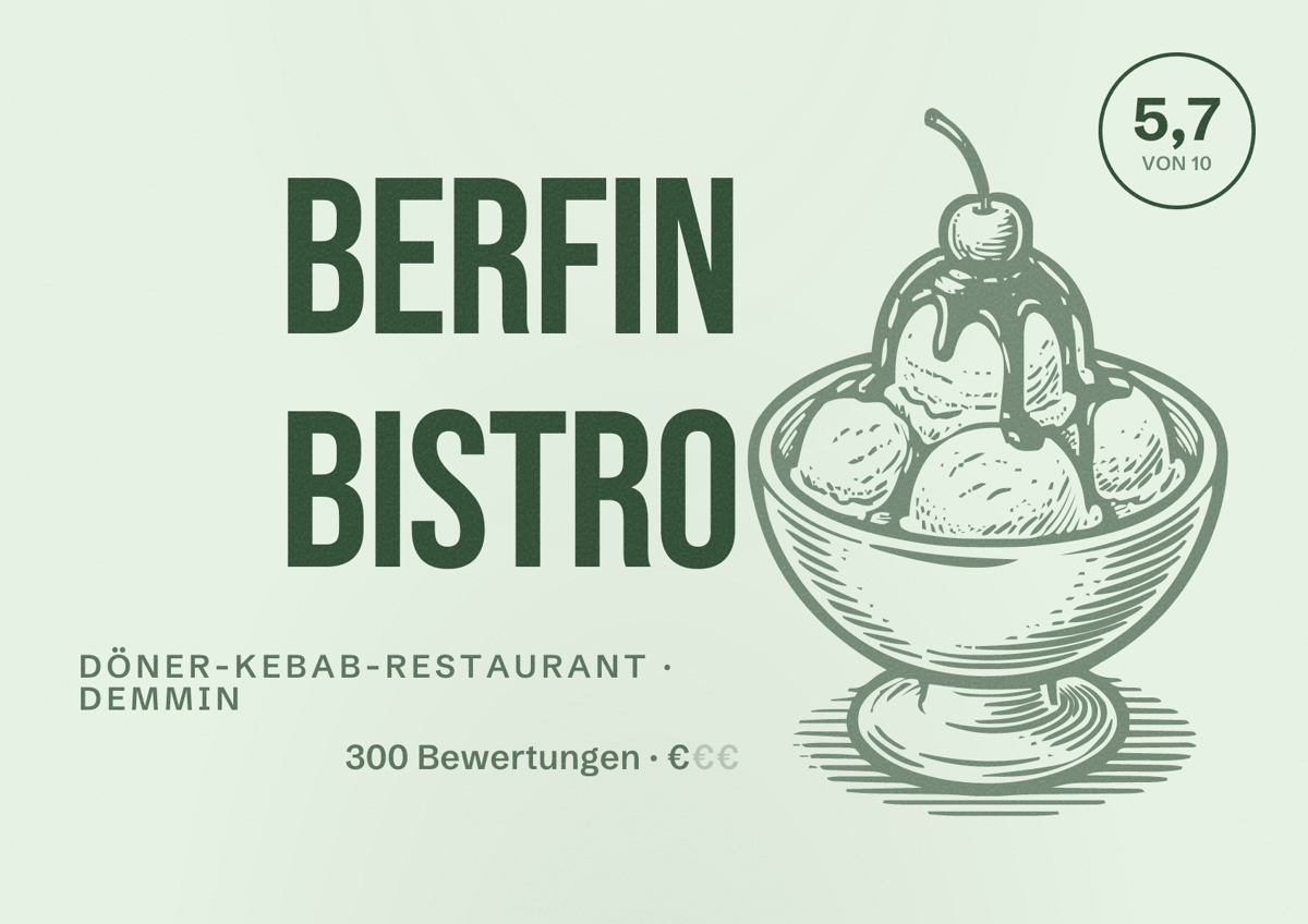 Illustriertes Poster von Berfin Bistro, Döner-Kebab-Restaurant in Demmin: Bewertung 5,7 von 10 aus 300 Bewertungen, Preisniveau €