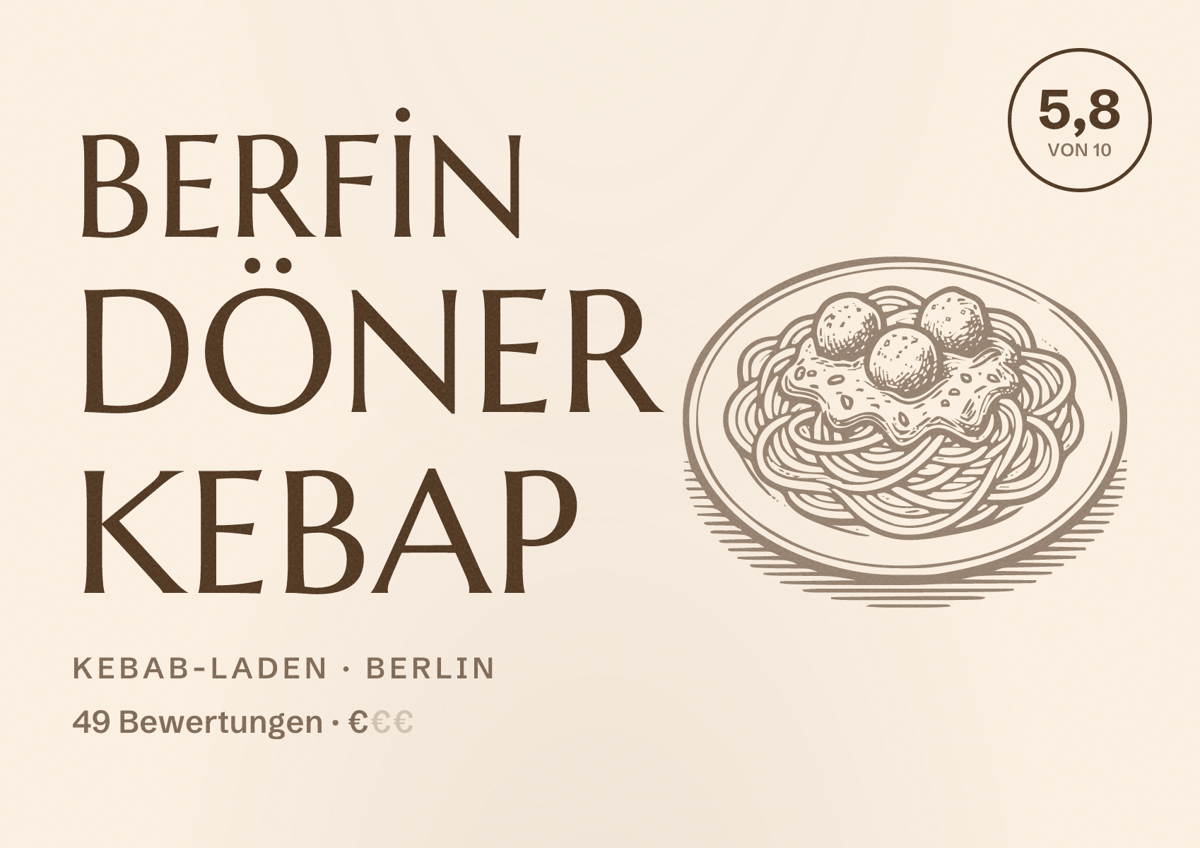 Illustriertes Poster von BERFİN DÖNER KEBAP, Kebab-Laden in Berlin: Bewertung 5,8 von 10 aus 49 Bewertungen, Preisniveau €