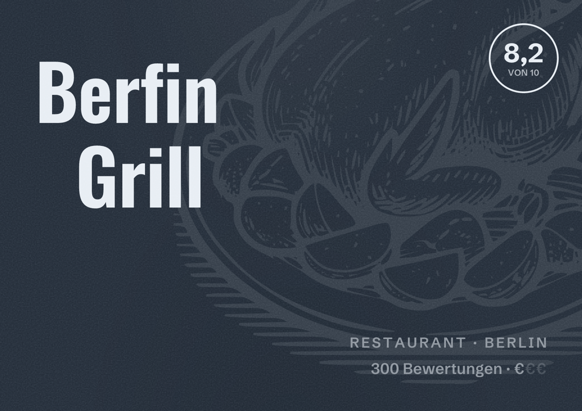 Illustriertes Poster von Berfin Grill, Restaurant in Berlin: Bewertung 8,2 von 10 aus 300 Bewertungen, Preisniveau €