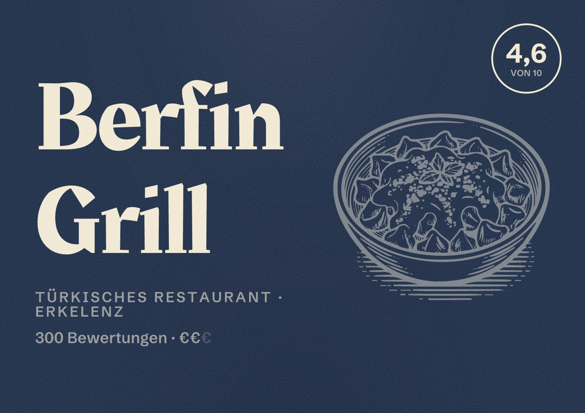 Illustriertes Poster von Berfin Grill, Türkisches Restaurant in Erkelenz: Bewertung 4,6 von 10 aus 300 Bewertungen, Preisniveau €€