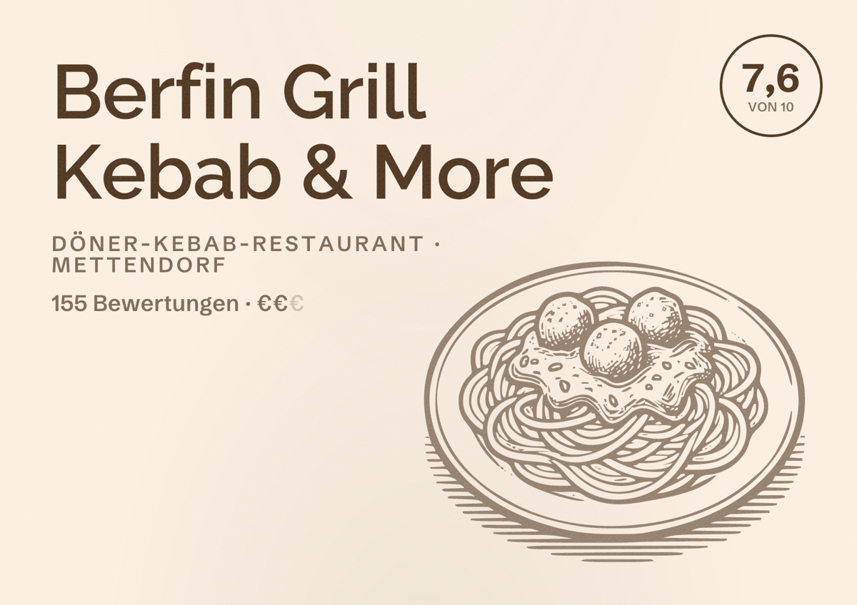 Illustriertes Poster von Berfin Grill Kebab & More, Döner-Kebab-Restaurant in Mettendorf: Bewertung 7,6 von 10 aus 155 Bewertungen, Preisniveau €€