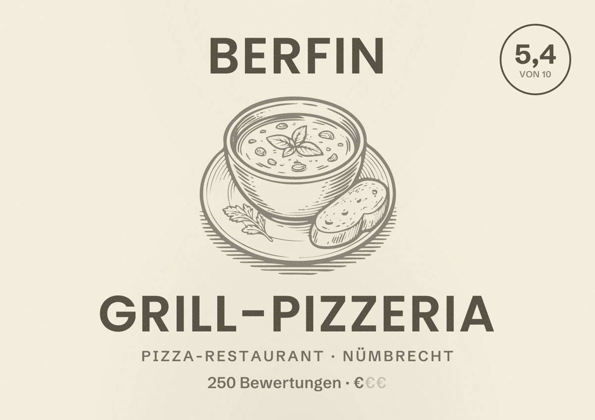 Illustriertes Poster von Berfin Grill-Pizzeria, Pizza-Restaurant in Nümbrecht: Bewertung 5,4 von 10 aus 250 Bewertungen, Preisniveau €