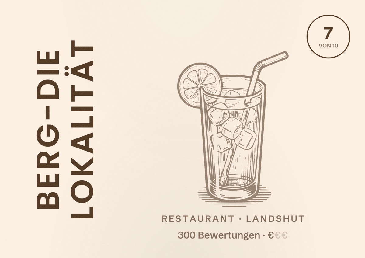 Illustriertes Poster von Berg-Die Lokalität, Restaurant in Landshut: Bewertung 7 von 10 aus 300 Bewertungen, Preisniveau €