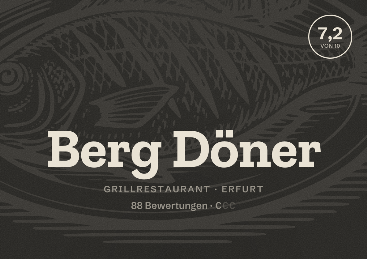 Illustriertes Poster von Berg Döner, Grillrestaurant in Erfurt: Bewertung 7,2 von 10 aus 88 Bewertungen, Preisniveau €