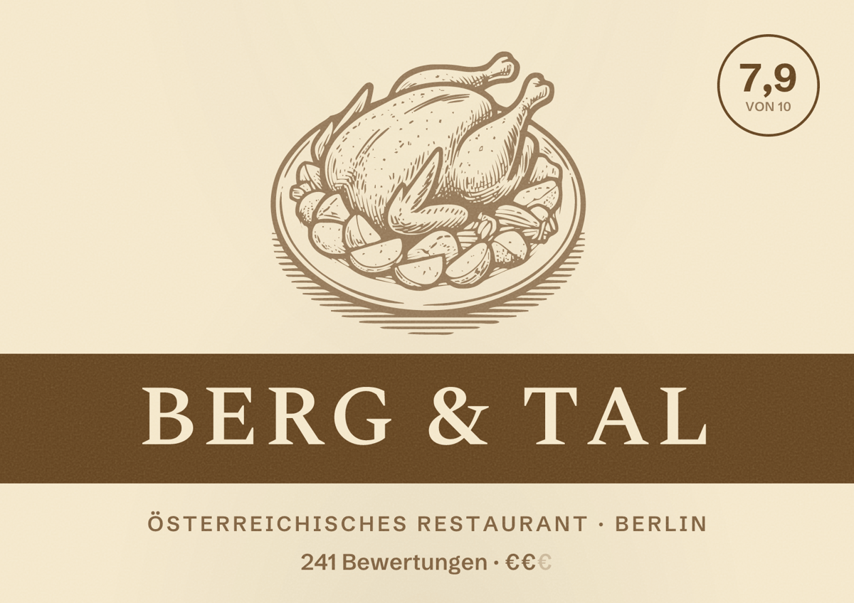 Illustriertes Poster von Berg & Tal, Österreichisches Restaurant in Berlin: Bewertung 7,9 von 10 aus 241 Bewertungen, Preisniveau €€