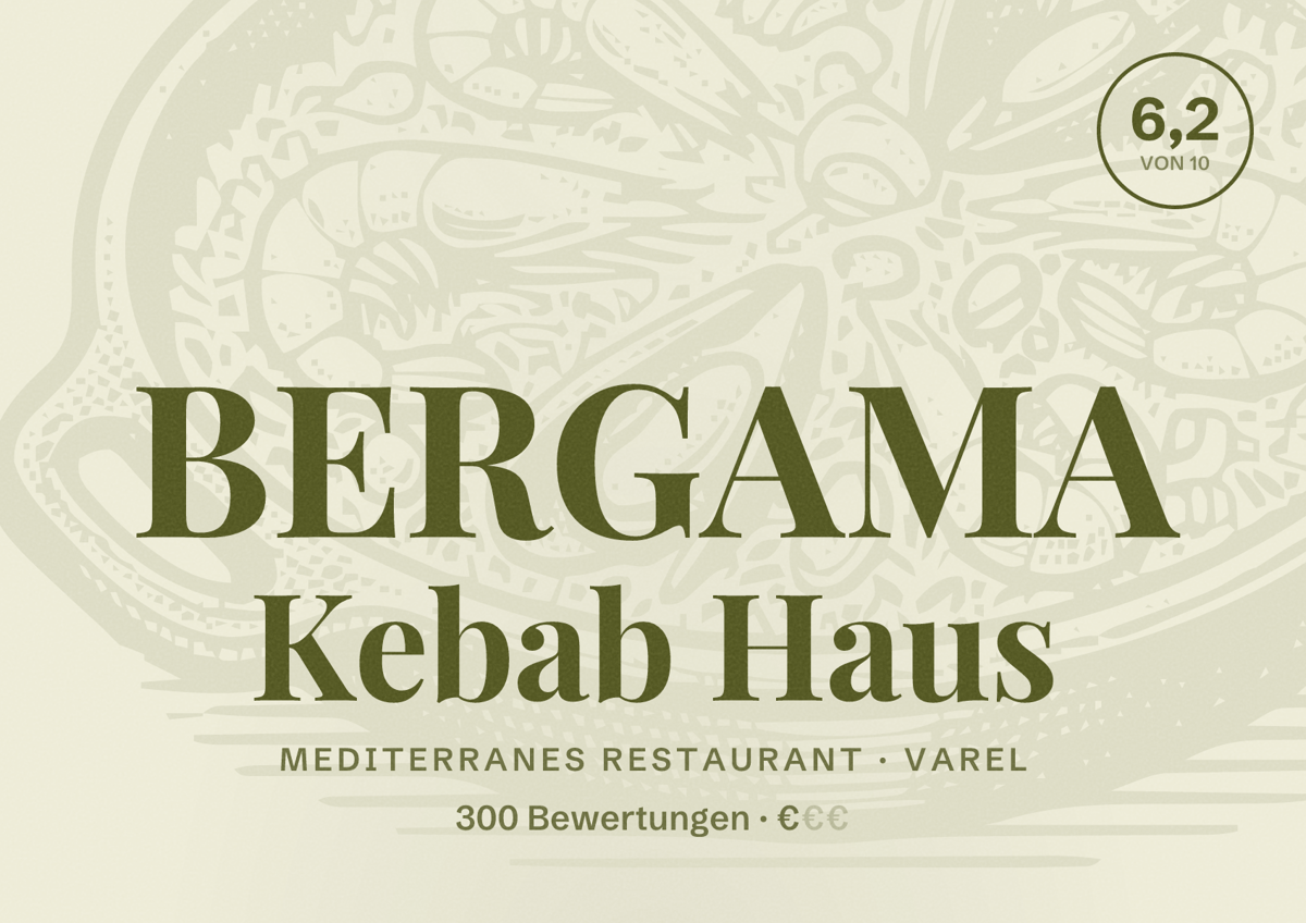Illustriertes Poster von BERGAMA Kebab Haus, Mediterranes Restaurant in Varel: Bewertung 6,2 von 10 aus 300 Bewertungen, Preisniveau €