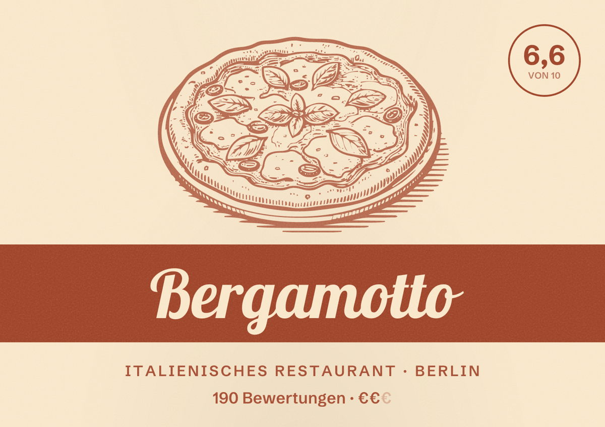 Illustriertes Poster von Bergamotto, Italienisches Restaurant in Berlin: Bewertung 6,6 von 10 aus 190 Bewertungen, Preisniveau €€