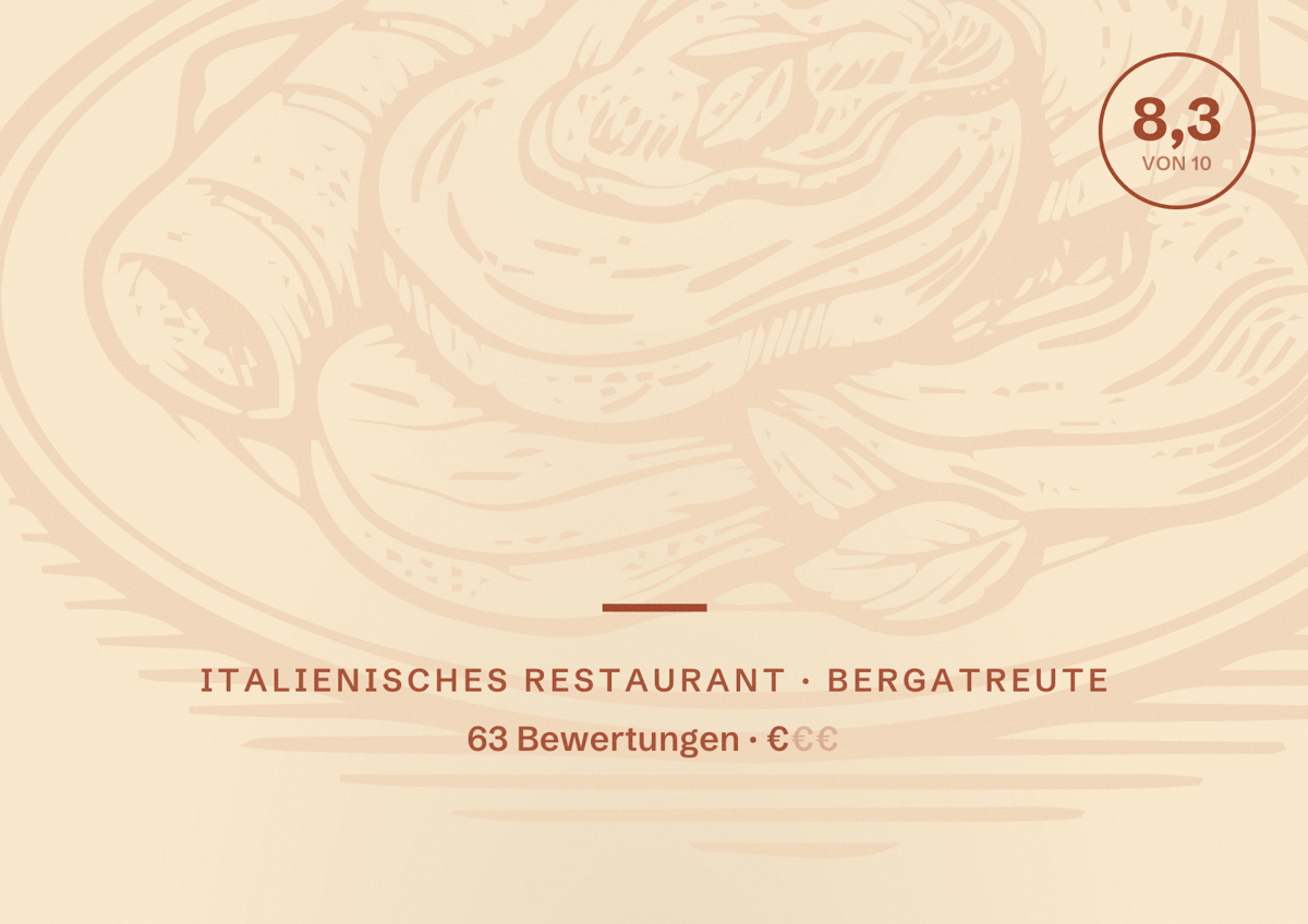 Illustriertes Poster von _, Italienisches Restaurant in Bergatreute: Bewertung 8,3 von 10 aus 63 Bewertungen, Preisniveau €