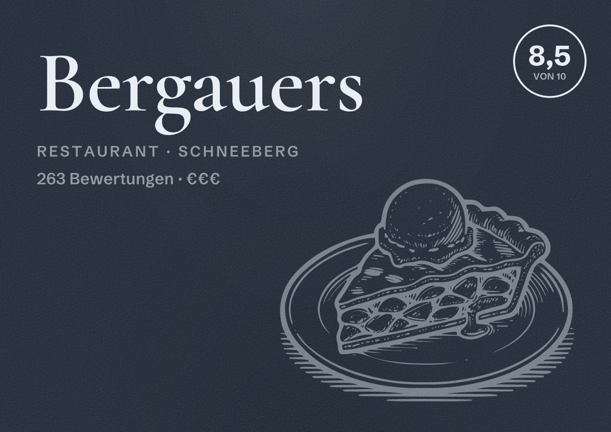 Illustriertes Poster von Bergauers, Restaurant in Schneeberg: Bewertung 8,5 von 10 aus 263 Bewertungen, Preisniveau €€€