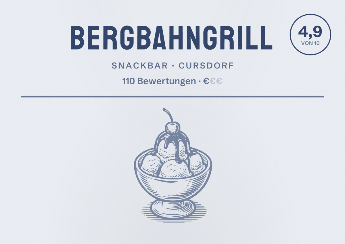 Illustriertes Poster von Bergbahngrill, Snackbar in Cursdorf: Bewertung 4,9 von 10 aus 110 Bewertungen, Preisniveau €