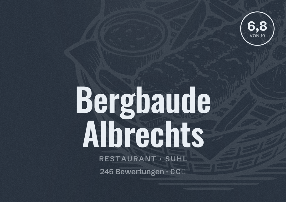 Illustriertes Poster von Bergbaude Albrechts, Restaurant in Suhl: Bewertung 6,8 von 10 aus 245 Bewertungen, Preisniveau €€