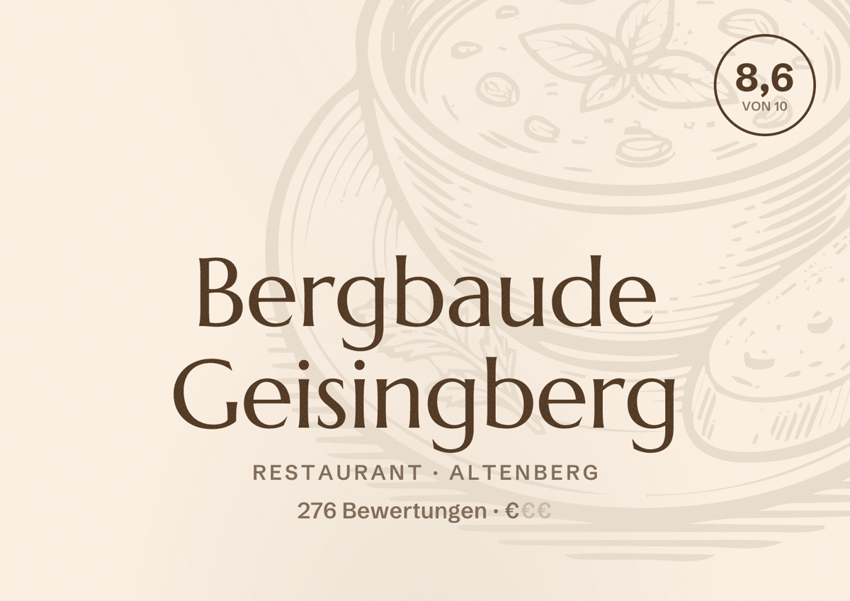 Illustriertes Poster von Bergbaude Geisingberg, Restaurant in Altenberg: Bewertung 8,6 von 10 aus 276 Bewertungen, Preisniveau €