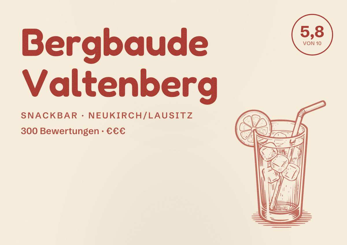Illustriertes Poster von Bergbaude Valtenberg, Snackbar in Neukirch/Lausitz: Bewertung 5,8 von 10 aus 300 Bewertungen, Preisniveau €€€