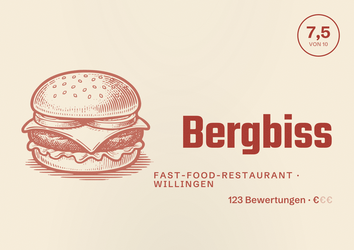 Illustriertes Poster von Bergbiss, Fast-Food-Restaurant in Willingen: Bewertung 7,5 von 10 aus 123 Bewertungen, Preisniveau €