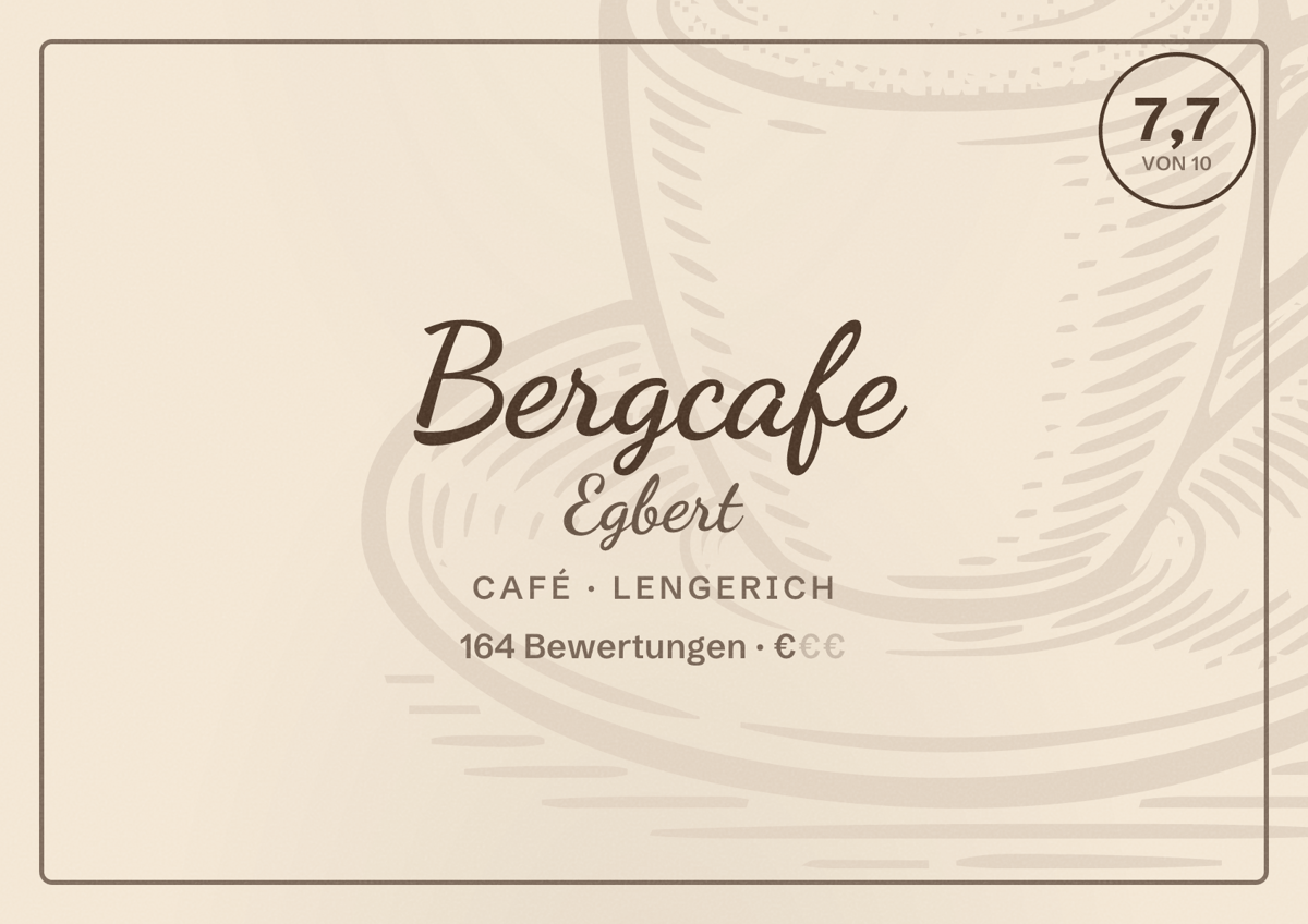 Illustriertes Poster von Bergcafe Egbert, Café in Lengerich: Bewertung 7,7 von 10 aus 164 Bewertungen, Preisniveau €