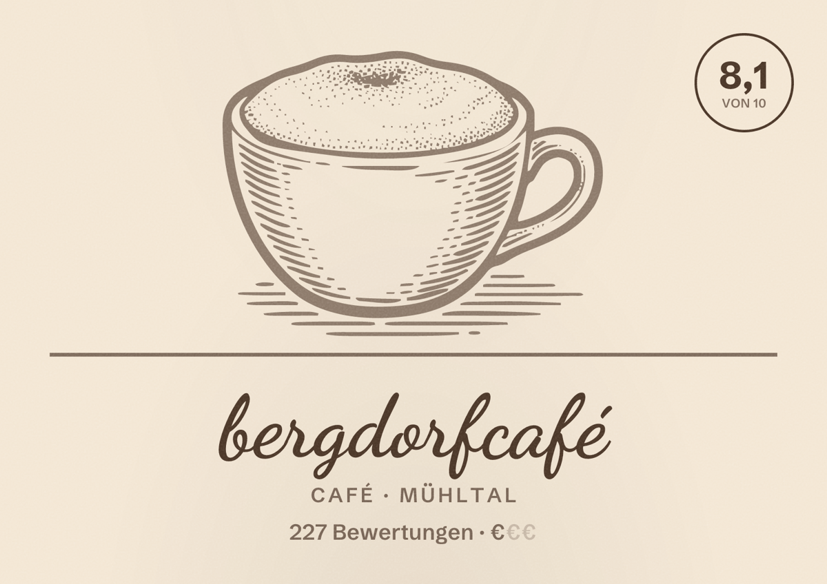 Illustriertes Poster von bergdorfcafé, Café in Mühltal: Bewertung 8,1 von 10 aus 227 Bewertungen, Preisniveau €