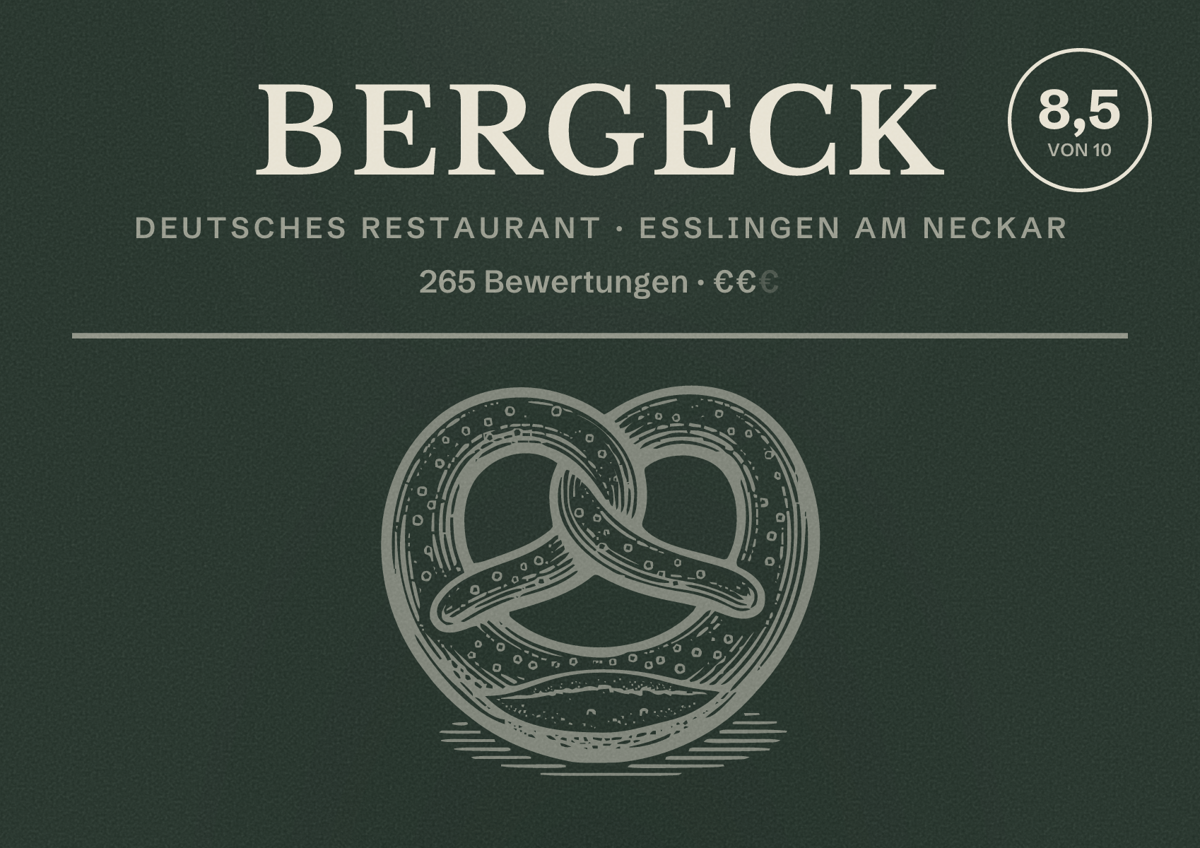Illustriertes Poster von Bergeck, Deutsches Restaurant in Esslingen am Neckar: Bewertung 8,5 von 10 aus 265 Bewertungen, Preisniveau €€