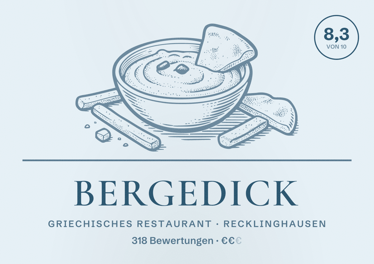 Illustriertes Poster von Bergedick, Griechisches Restaurant in Recklinghausen: Bewertung 8,3 von 10 aus 318 Bewertungen, Preisniveau €€