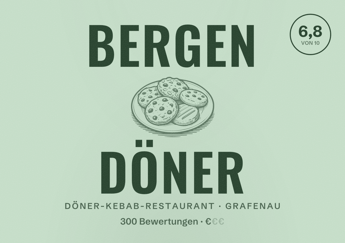Illustriertes Poster von Bergen Döner, Döner-Kebab-Restaurant in Grafenau: Bewertung 6,8 von 10 aus 300 Bewertungen, Preisniveau €