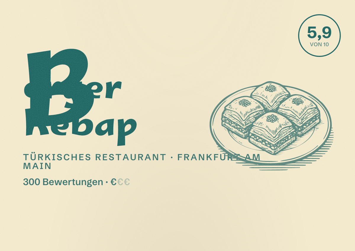 Illustriertes Poster von Berger Kebap, Türkisches Restaurant in Frankfurt am Main: Bewertung 5,9 von 10 aus 300 Bewertungen, Preisniveau €