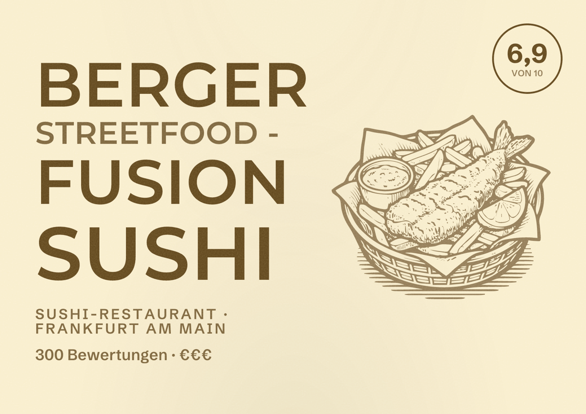 Illustriertes Poster von Berger Streetfood - Fusion Sushi, Sushi-Restaurant in Frankfurt am Main: Bewertung 6,9 von 10 aus 300 Bewertungen, Preisniveau €€€