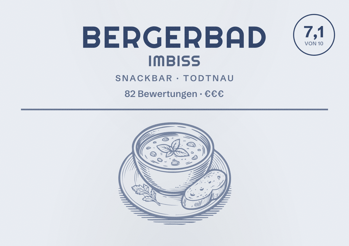 Illustriertes Poster von Bergerbad Imbiss, Snackbar in Todtnau: Bewertung 7,1 von 10 aus 82 Bewertungen, Preisniveau €€€