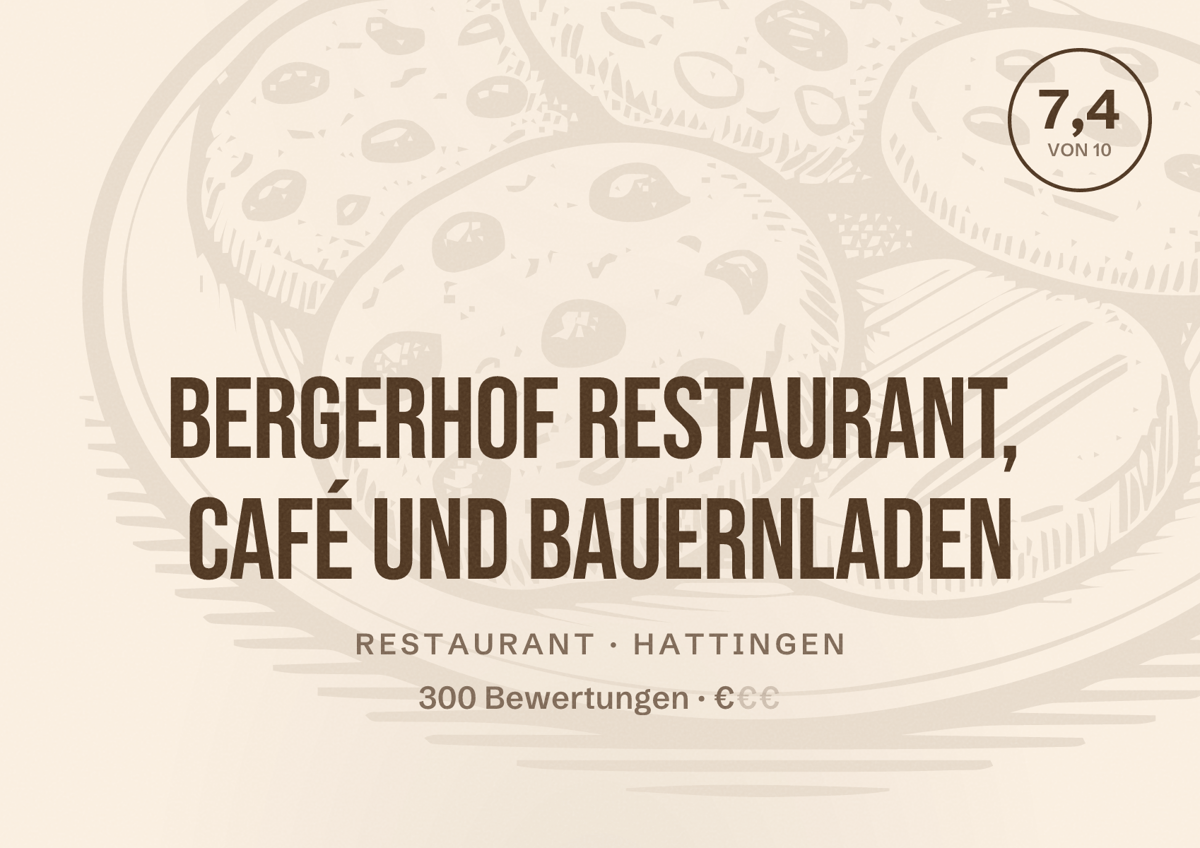 Illustriertes Poster von Bergerhof Restaurant, Café und Bauernladen, Restaurant in Hattingen: Bewertung 7,4 von 10 aus 300 Bewertungen, Preisniveau €